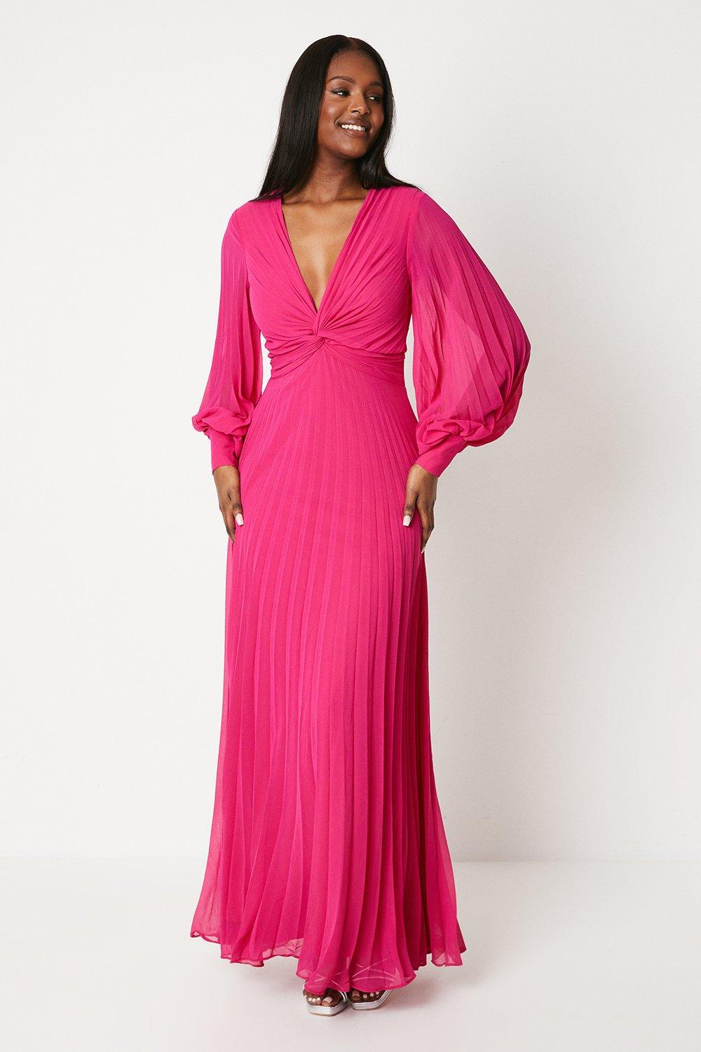 Pleated Chiffon Knotted Bodice Maxi Dress - Pink